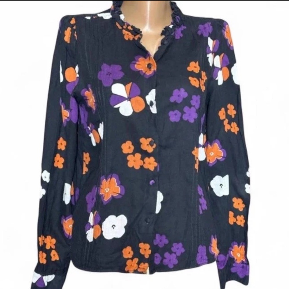 Designer Zadig & Voltaire Black Modern Floral Button Down Blouse Size Medium